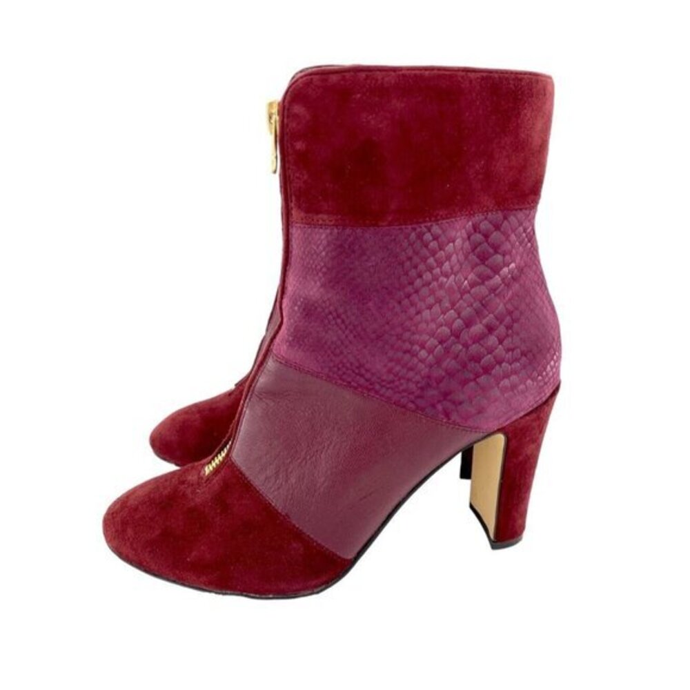 Anne Klein Jaffa Suede Bootie Burgundy Snake Print Heel Gold Zipper SZ 7.5